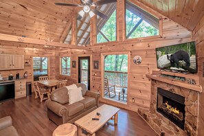 TV, fireplace, video games - Bear Paw Lodge: Pets, Wooded View, Hot Tub, Wifi, Games, Yard with Fire Pit (Sevierville)