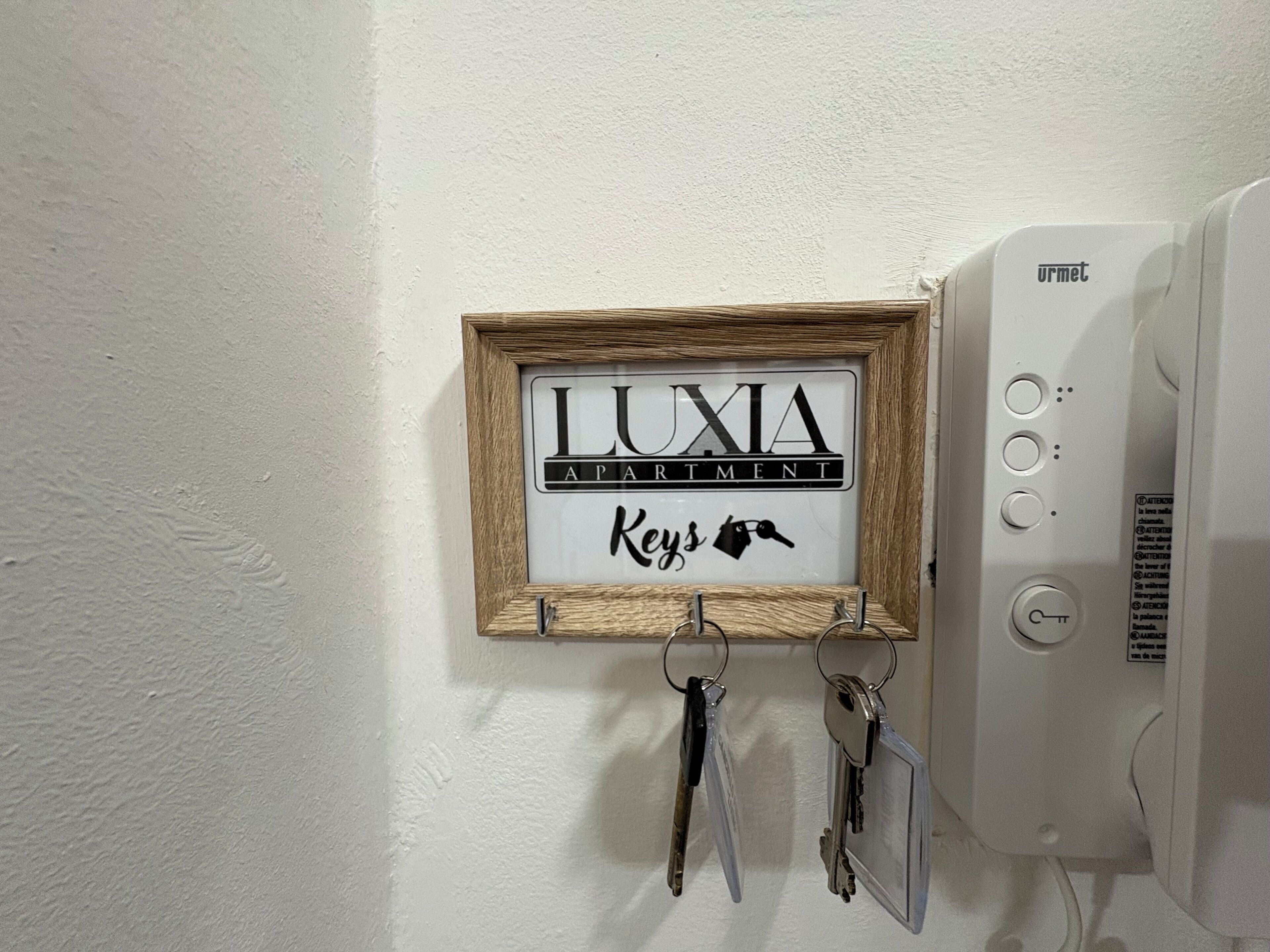 Un perchero de pared con llaves y un cartel que dice "LUXIA APARTMENT" y "Llaves".