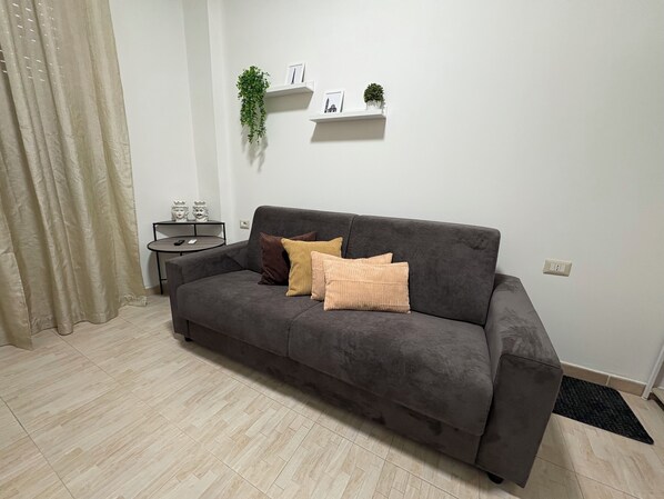 Una sala de estar con un sofá gris oscuro, una mesita redonda y un tapete negro. Hay tres cojines en el sofá, y una planta está sobre un estante blanco arriba.