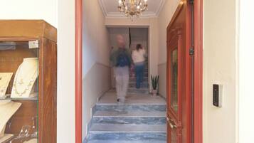 A marble staircase leading to a room with a chandelier, a potted plant, and a jewelry display.