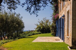 A stone pathway leading to a building with blue shutters, surrounded by lush greenery and trees.
