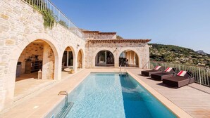 A stone building with a swimming pool, outdoor seating, and a view of the landscape. - Le Mas d’Azur – Exceptional view & pool (Tourrettes-sur-Loup)