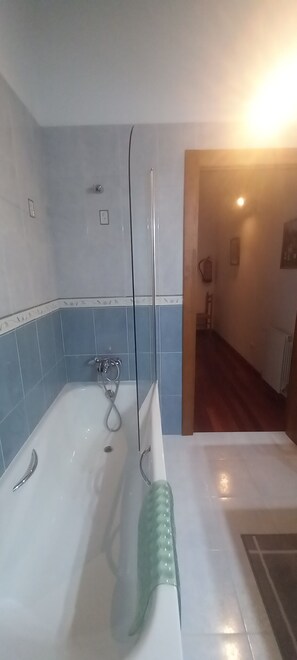 Regadera, secadora de cabello, papel de baño 