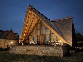A building with a unique triangular roof structure and large windows, set against a night sky.