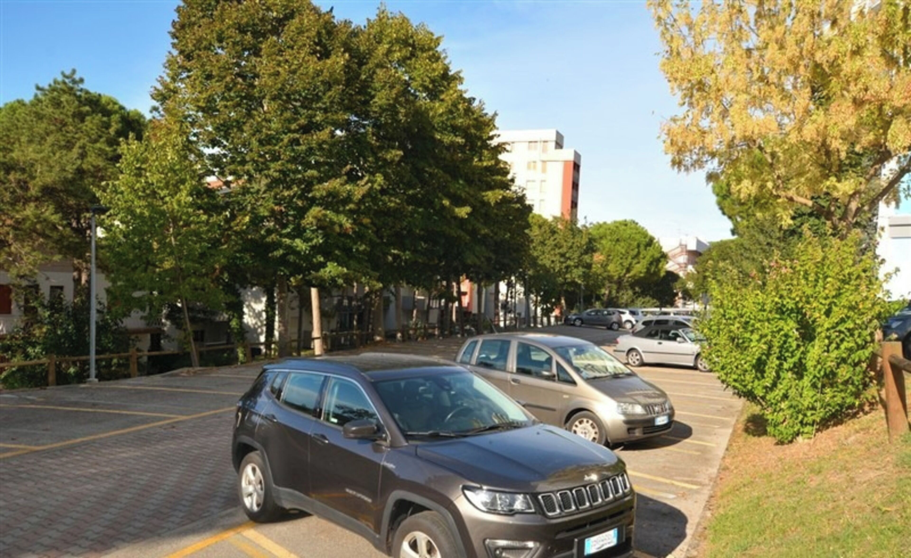 Een parkeerplaats met verschillende auto's, bomen en een gebouw op de achtergrond.