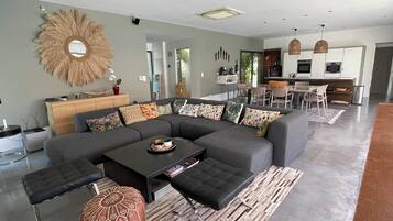 TV, caminetto, lettore DVD, tavolo da calcetto