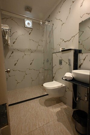 Towels, shampoo, toilet paper