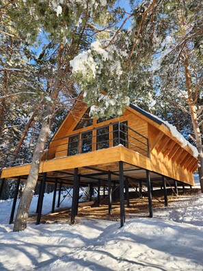 Una cabaña de madera con techo inclinado, ventanas amplias y una terraza de madera.