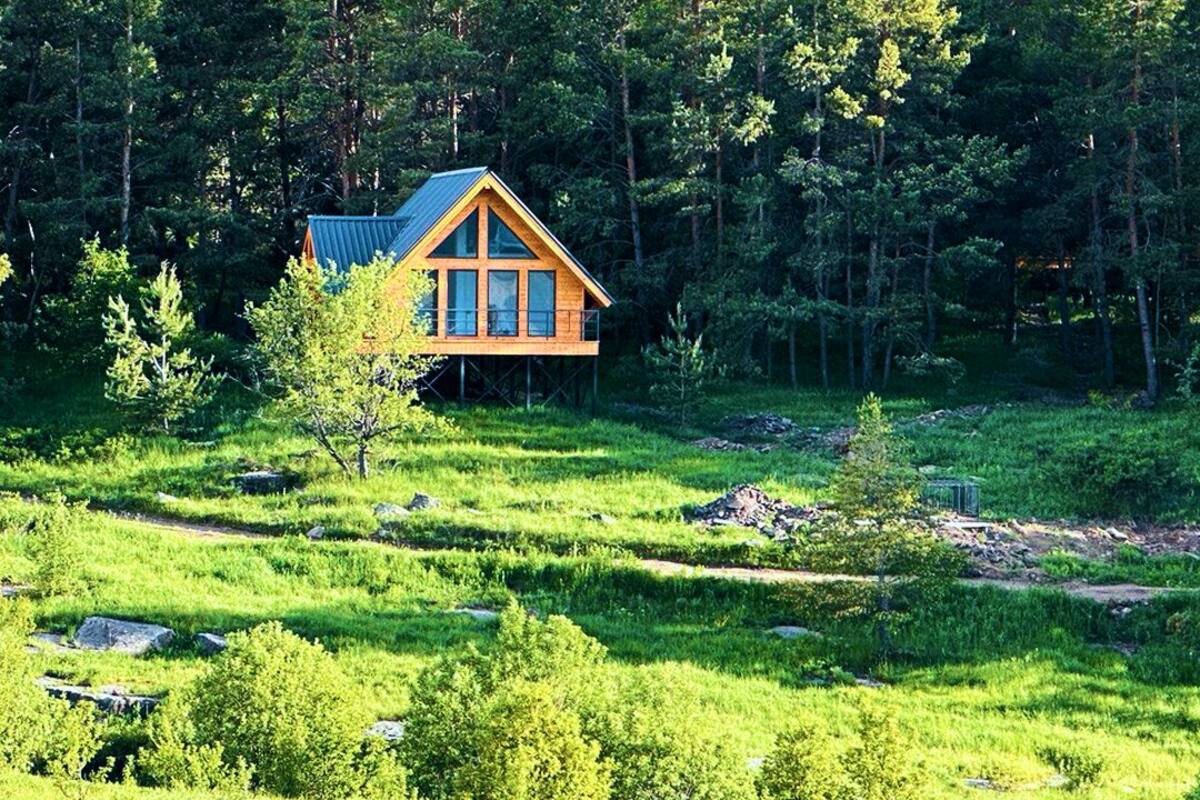 A wooden cabin with a triangular roof, surrounded by dense forest and grassy terrain.