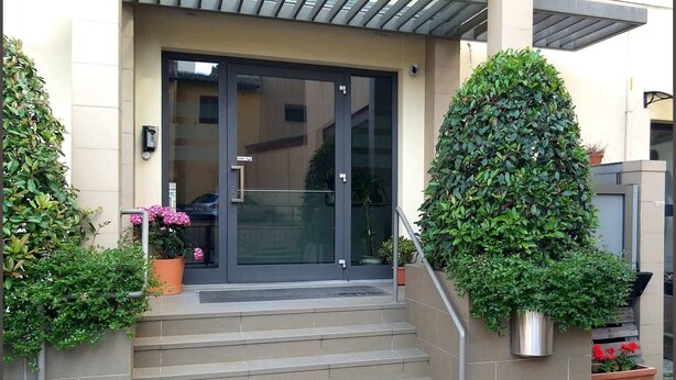 Une entrée moderne avec une porte en verre, des marches menant à l’intérieur et des plantes en pot de chaque côté.