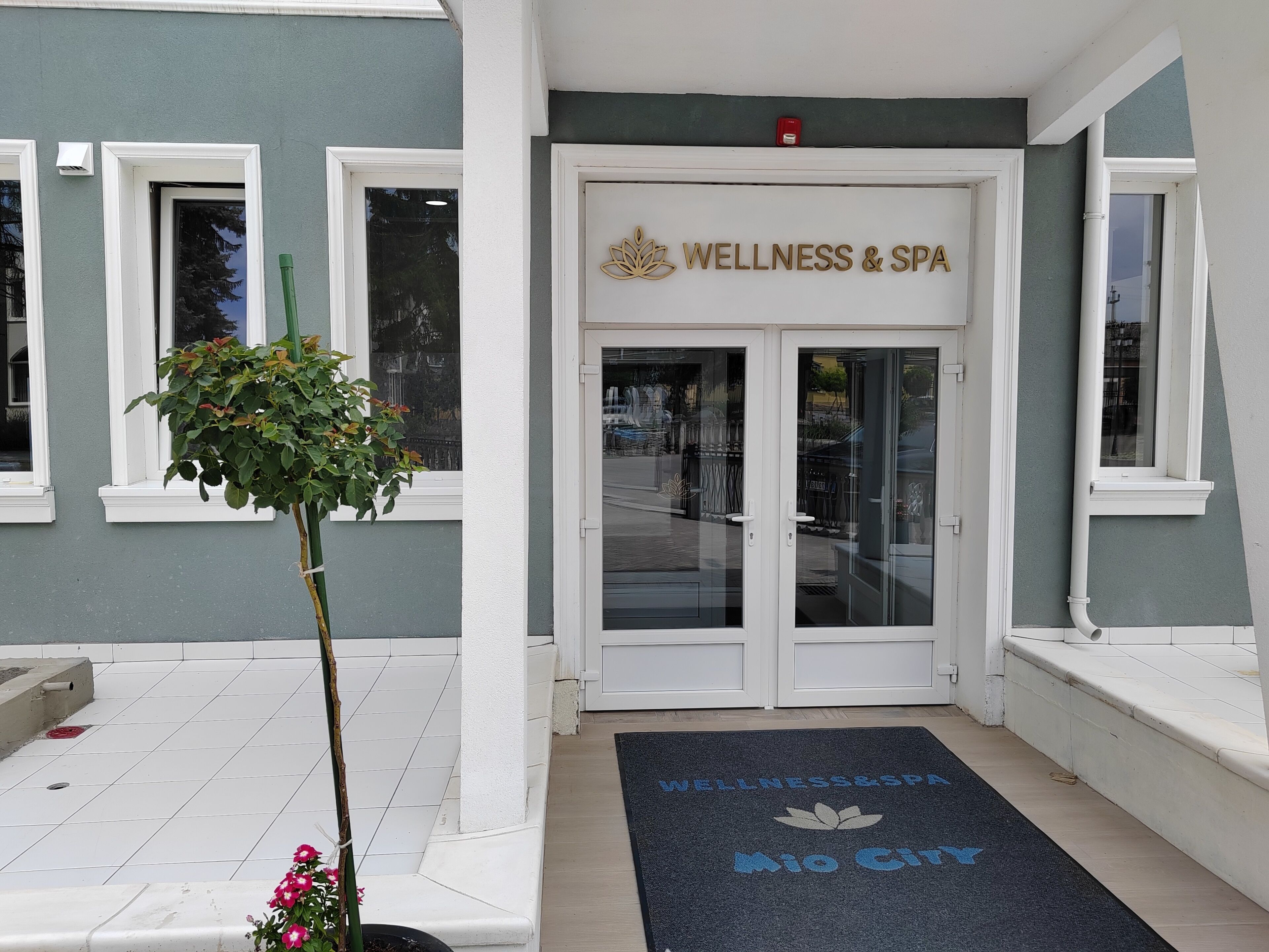 A building entrance with a sign reading 'WELLNESS & SPA' and a doormat with 'WELLNESS & SPA' and 'Mio City' text.