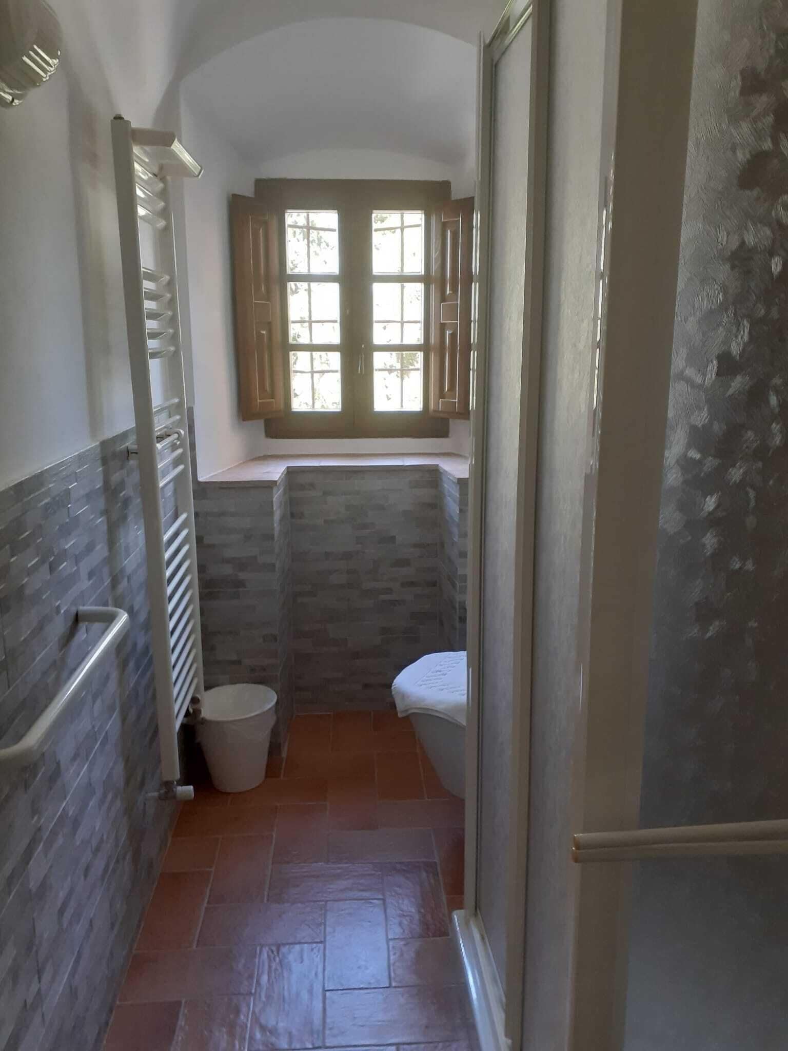 A narrow bathroom with a shower, a toilet, and a window with wooden shutters.