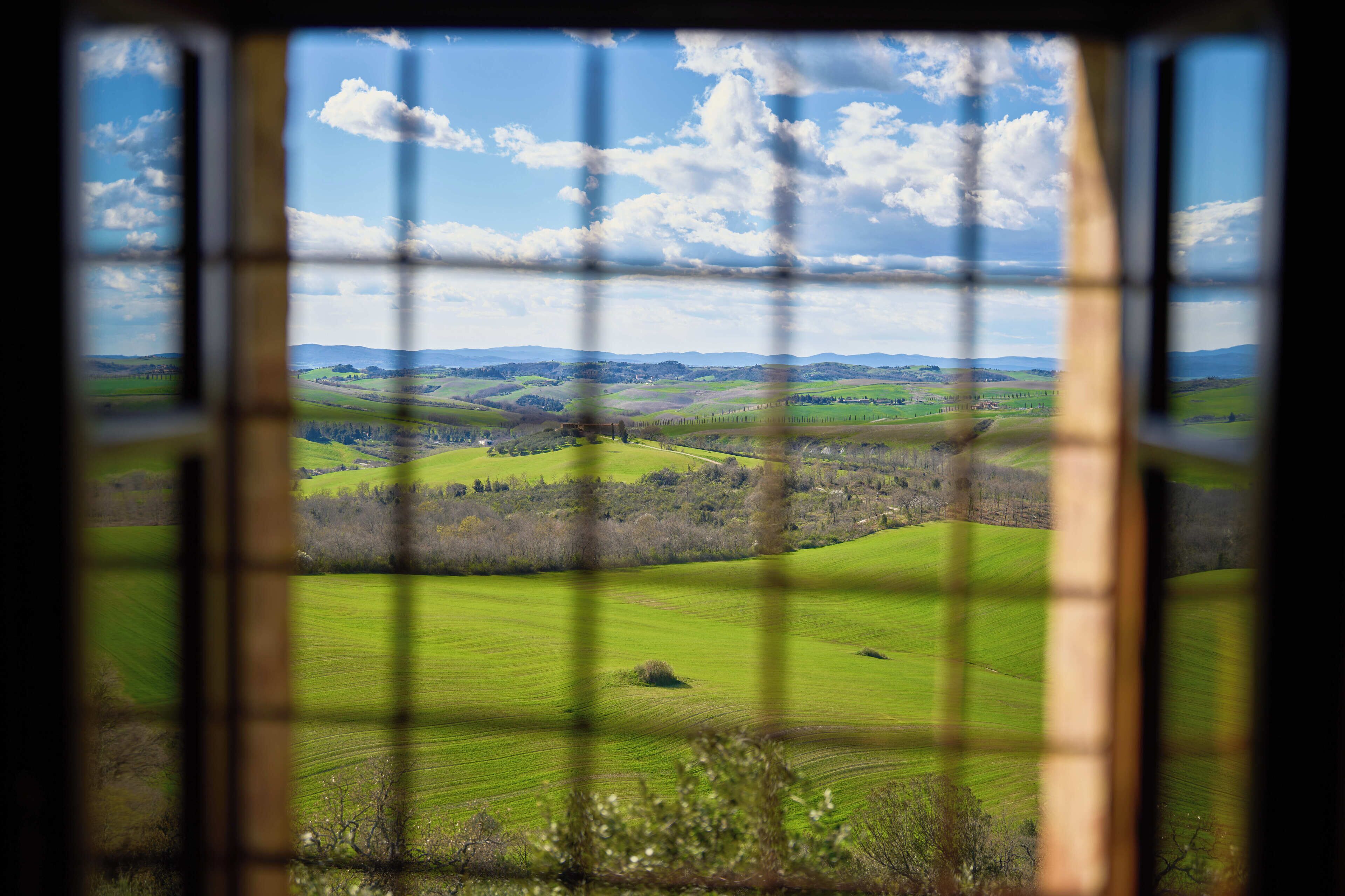 A view through a window with a grid pattern, displaying a landscape of rolling hills and fields.