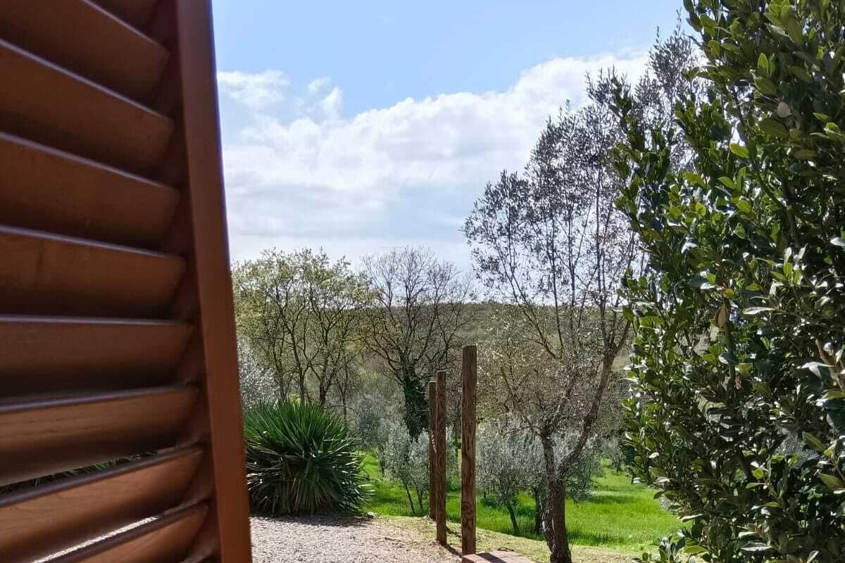 An outdoor patio with a gravel path leading to a wooden gate.