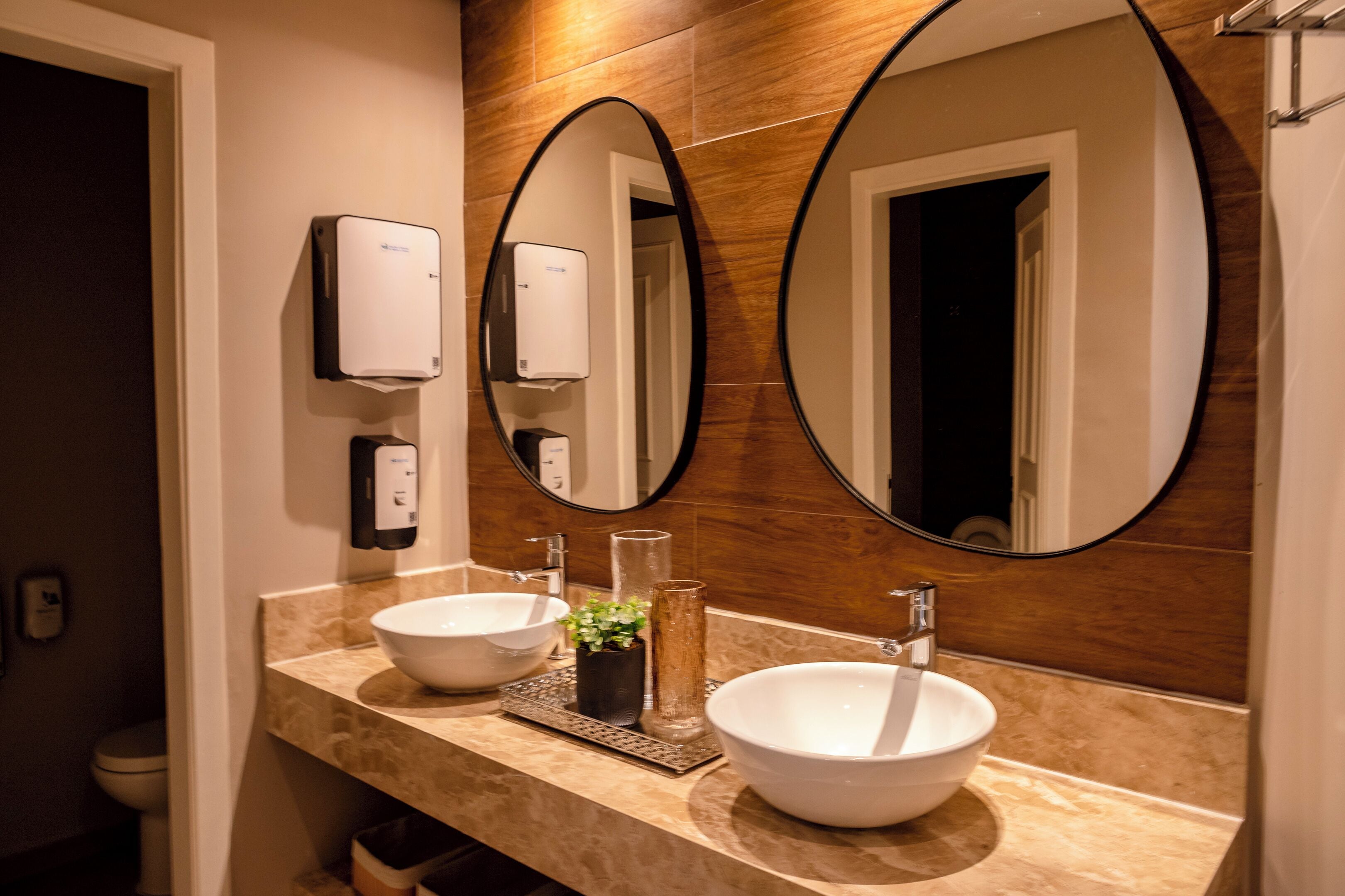A bathroom with two sinks, a mirror, a towel rack, and a soap dispenser.