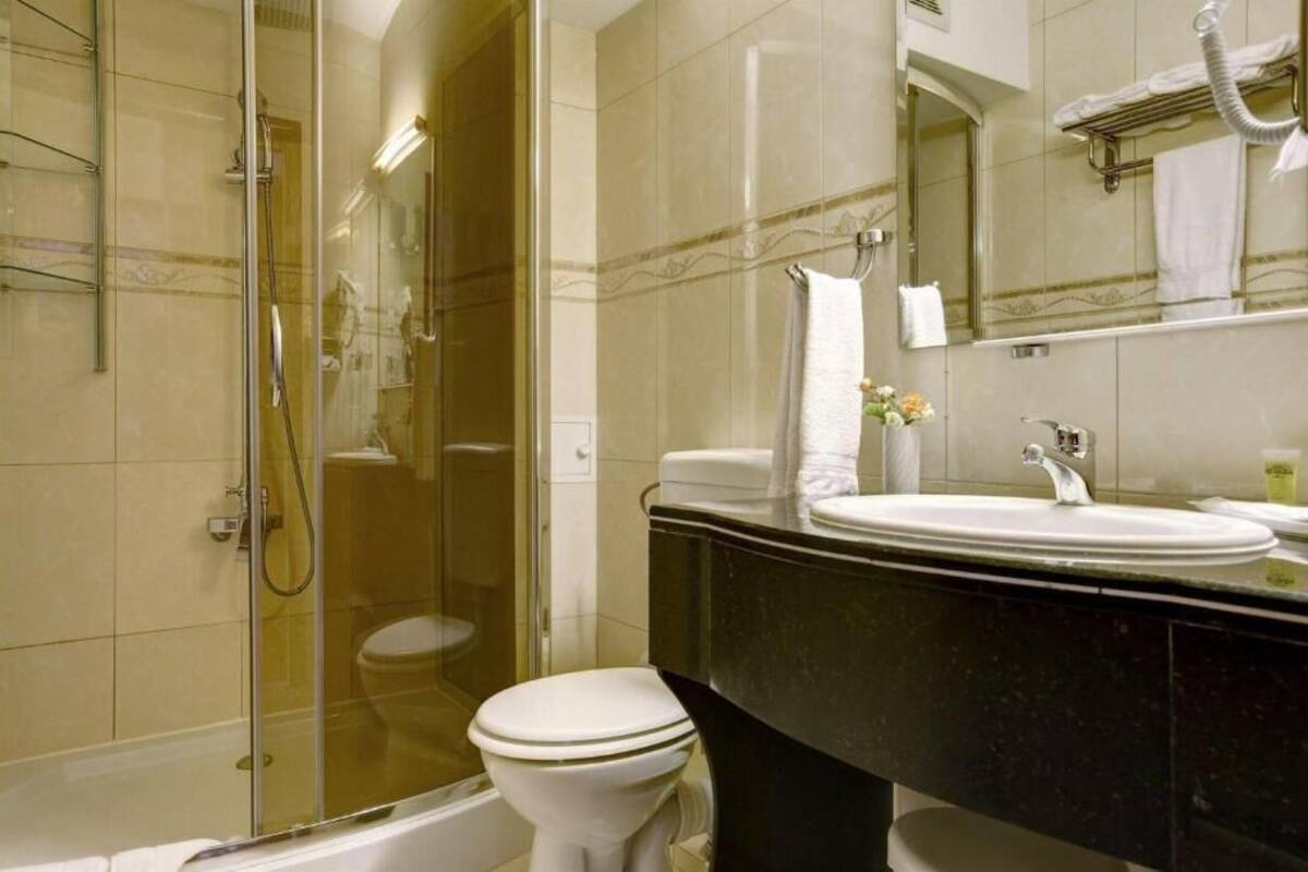 A bathroom with a glass-enclosed shower, a white toilet, and a black vanity with a sink and mirror.