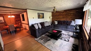 A cozy living room with a dark sofa, a coffee table, and a patterned rug. - Peaceful Entire 4 BR 2 BA Cabin with AC, WiFi, Pond  View, Recreational room (Crisfield)