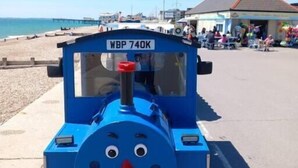 A blue train with a smiling face and the license plate WBP 740K. - Regis Lodge Guesthouse  (Bognor Regis)