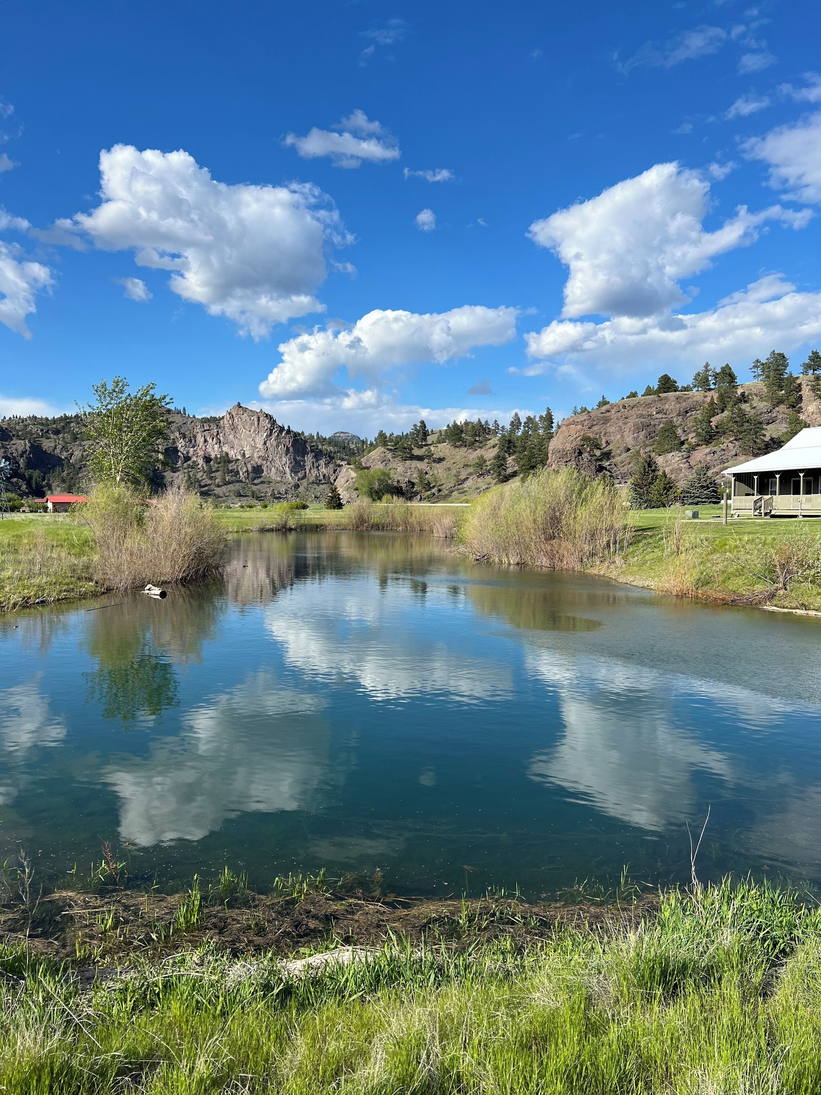 A serene lake with a clear reflection of the sky, surrounded by lush greenery and a small building with a white roof.