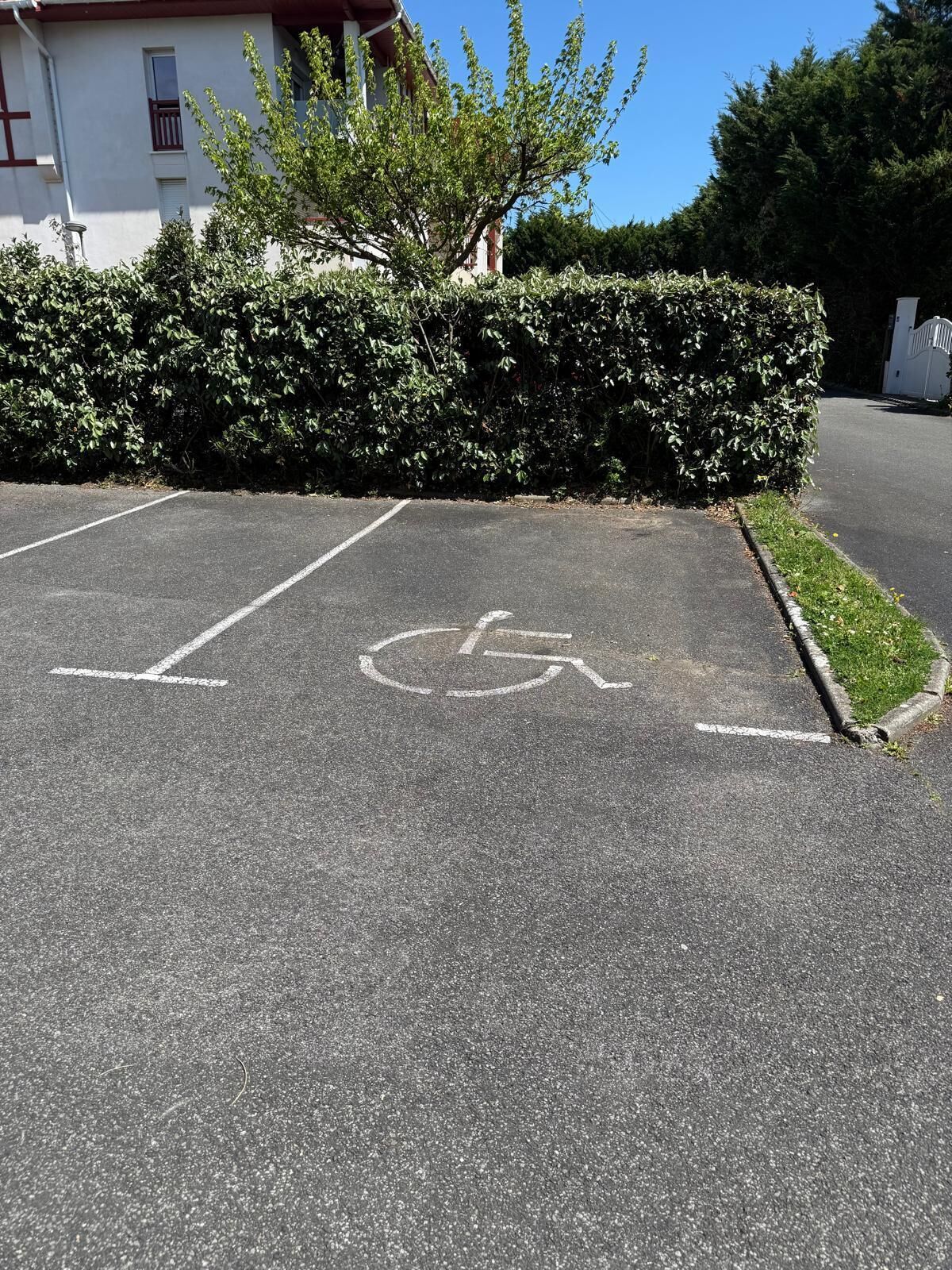 A parking area with a disabled parking space marked by a wheelchair symbol.