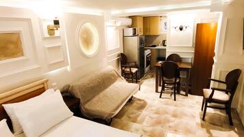 1 bedroom, desk, laptop workspace, blackout curtains