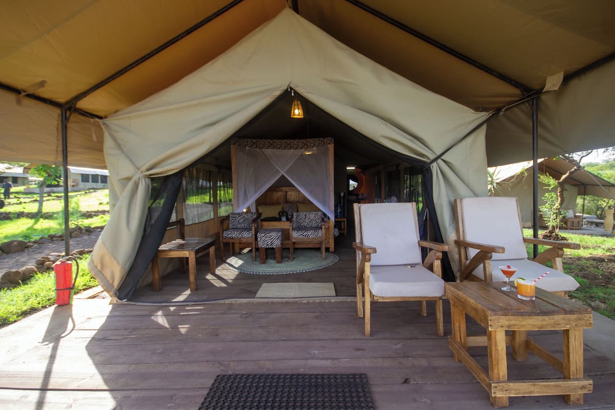 A tented accommodation with a wooden deck, cushioned seating, and a table with a drink.