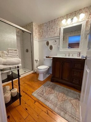 A bathroom with a shower, toilet, vanity with a mirror, and a rug. - Yellow Daisy Bed and Breakfast (Dahlonega)