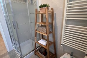 Shower, hair dryer, bidet, towels