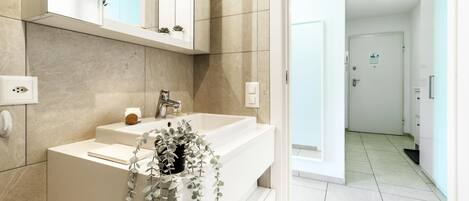 Shower, hair dryer, bidet, towels