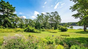 Een weelderige tuin met diverse planten en bloemen, een helderblauwe lucht en een meer op de achtergrond.