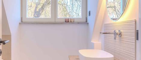 Hair dryer, towels, soap, toilet paper