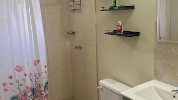 Chuveiro, toalhas de banho, sabonete, papel higiênico