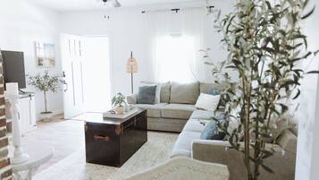 Una sala de estar luminosa con un sofá, una mesa de centro y una planta.