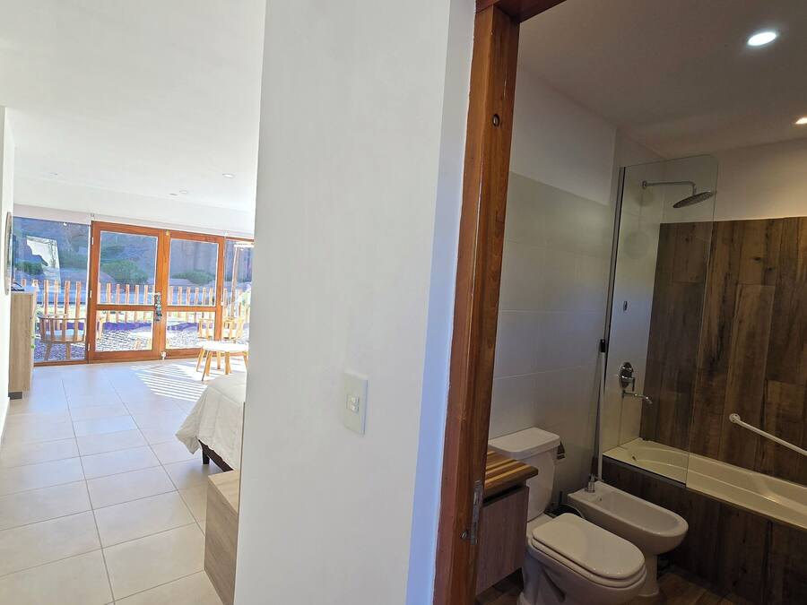 A modern bathroom with a wooden shower enclosure, a white toilet, and a bidet.