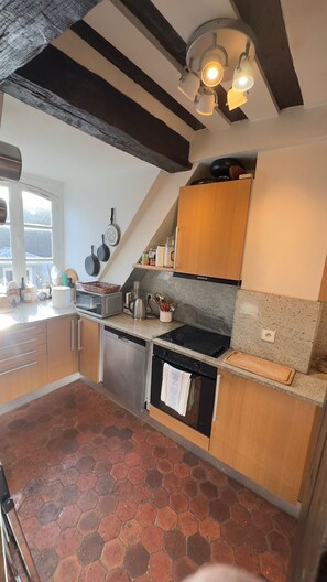 Fridge, microwave, oven, stovetop - 17th century charm, completely remodeled, quiet street, minutes  from Notre Dame (Paris)