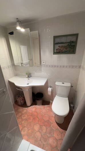 Douche, sèche-cheveux, serviettes fournies, savon