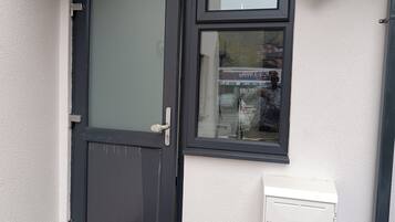 Een deur met een zwart frame, voorzien van een ruit, met daarboven een klein raam en een witte elektriciteitsdoos aan de rechterkant.