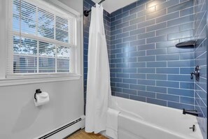 Hair dryer, towels, soap, shampoo
