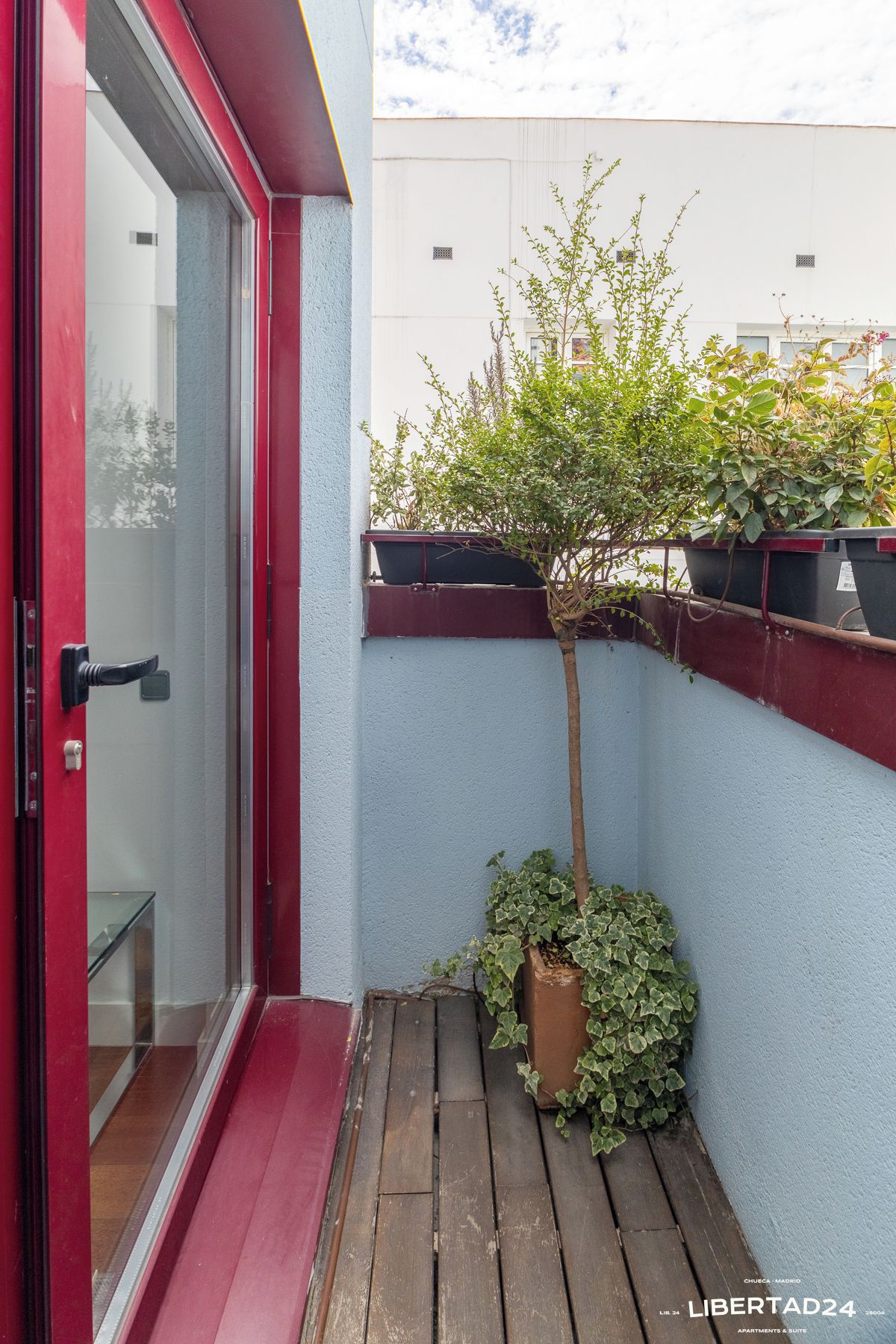 A small outdoor area with a red door, wooden flooring, and potted plants.