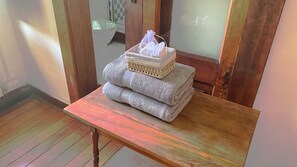 Ducha, secador de pelo, toallas, jabón