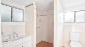 Une salle de bain avec un lavabo blanc, des toilettes et un espace douche.