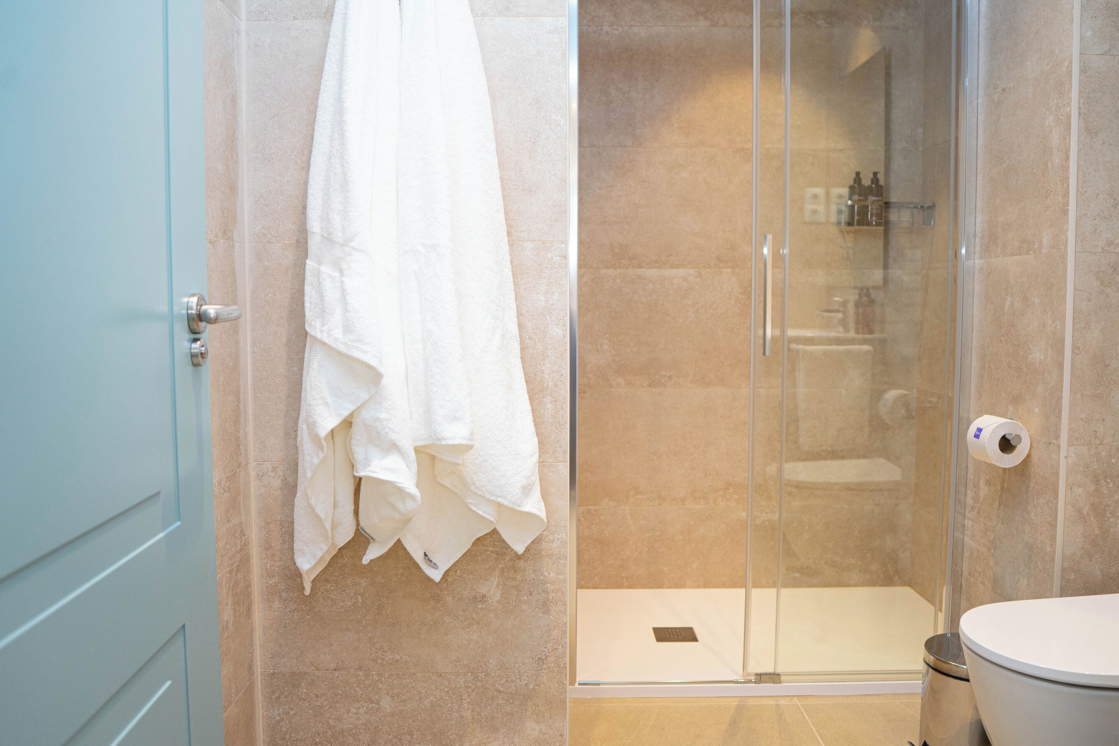 Een badkamer met een douchecabine van glas, een toilet en een handdoek aan de muur.