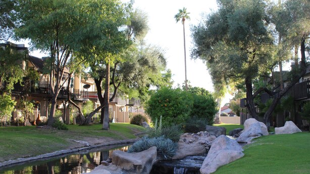 A serene outdoor area with a small water feature, surrounded by well-maintained grass and large rocks.