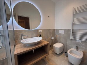 Shower, hair dryer, bidet, towels