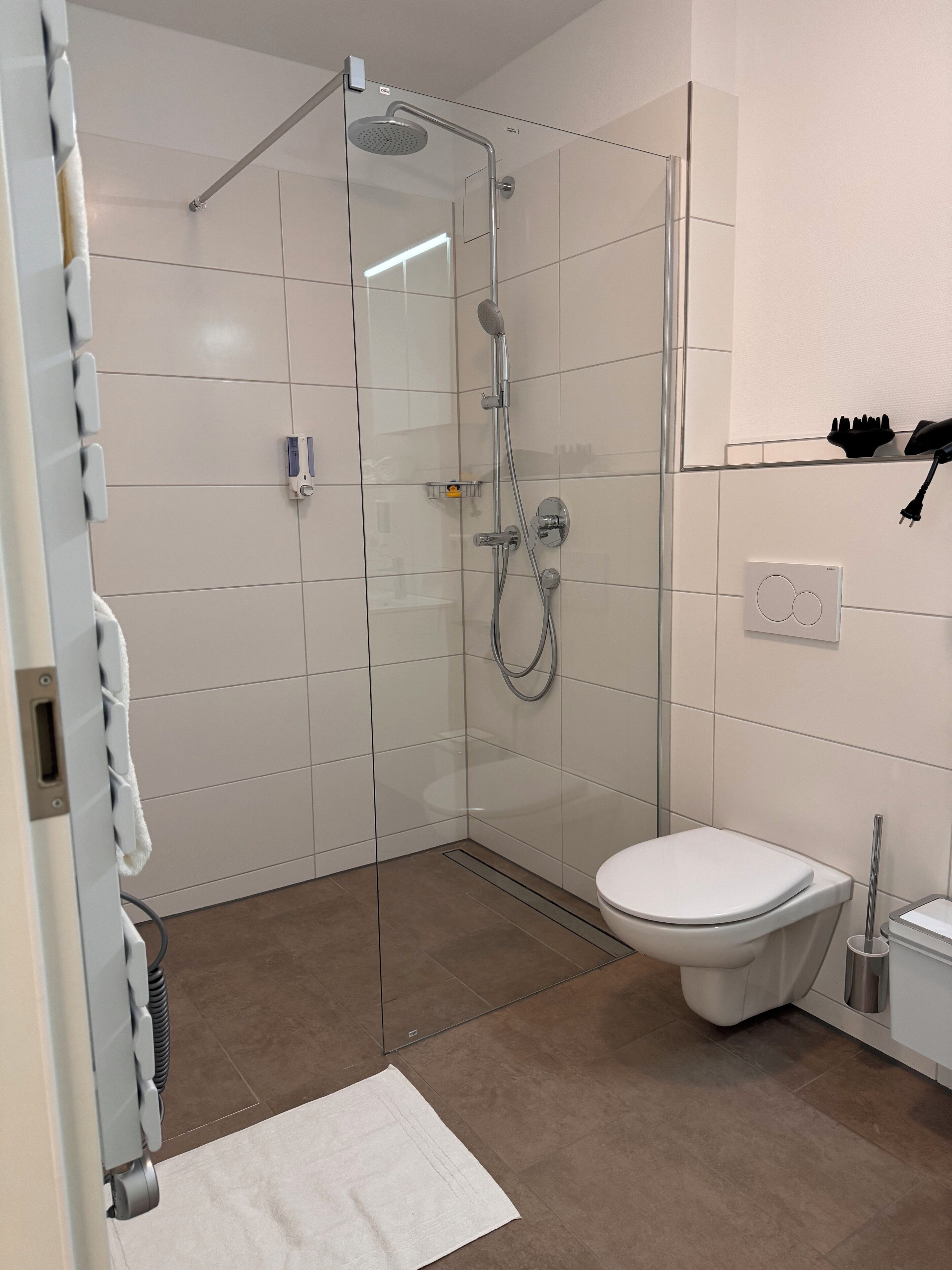 A modern bathroom with a glass-enclosed shower, a white toilet, and a towel rack.