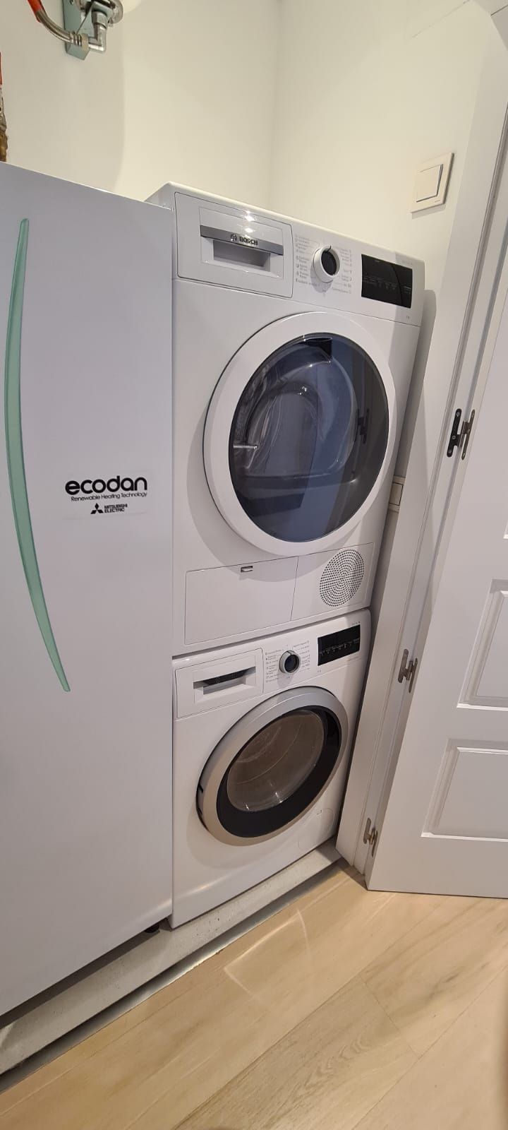 A compact, white washing machine with a front-loading door, a control panel, and a brand name 'ecodan' on the side.