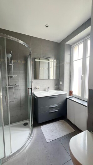 Dusche, Haartrockner, Seife, Toilettenpapier