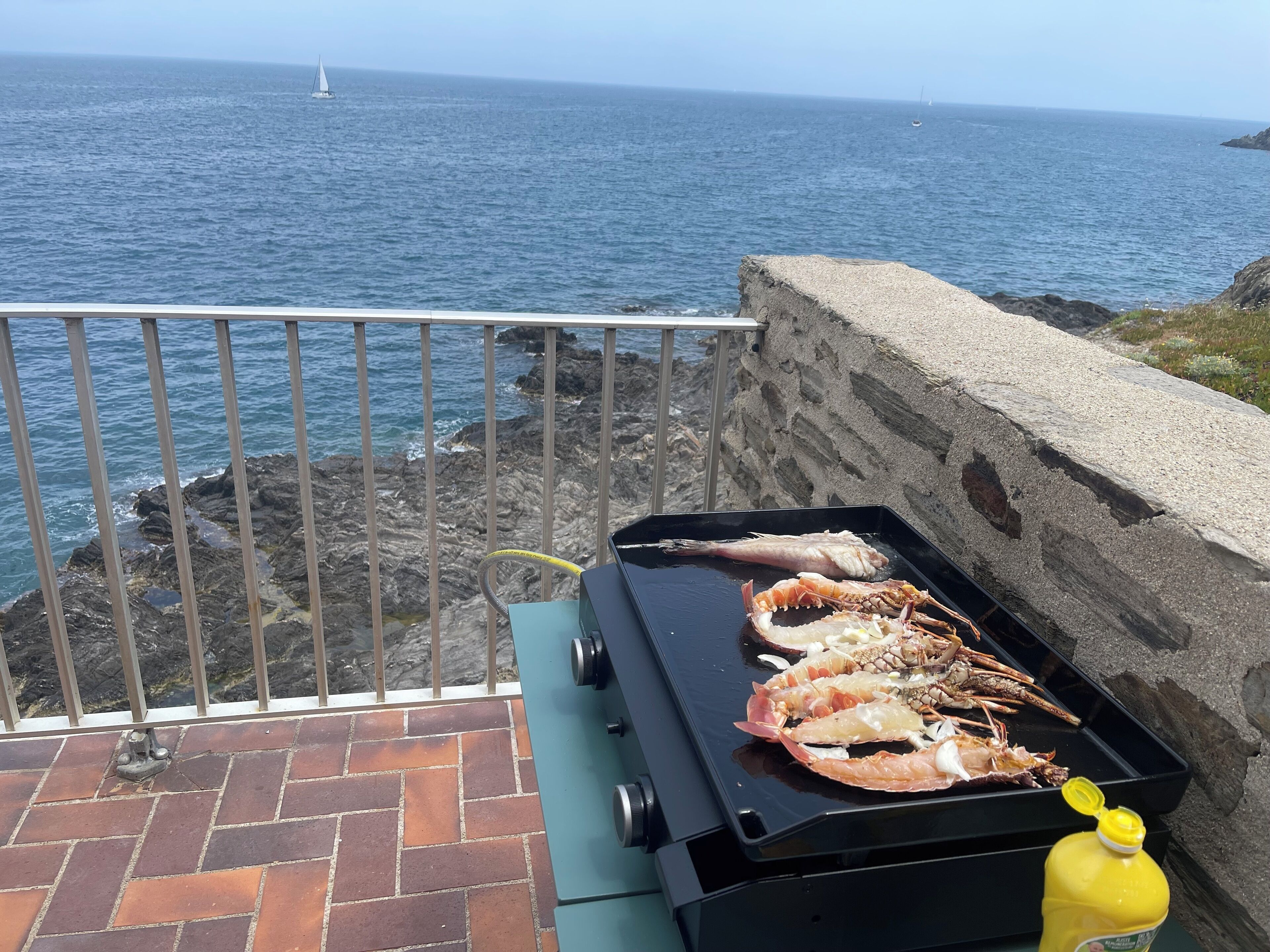 Ein Grill mit Meeresfrüchten auf einem Balkon mit Blick auf das Meer.