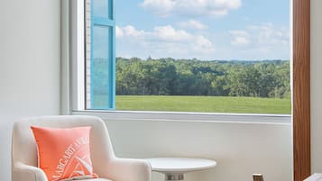 Een kamer met uitzicht op een groen veld door een raam met blauwe luiken. Er staat een witte fauteuil met een oranje kussen, een klein wit tafeltje en een houten stoel.