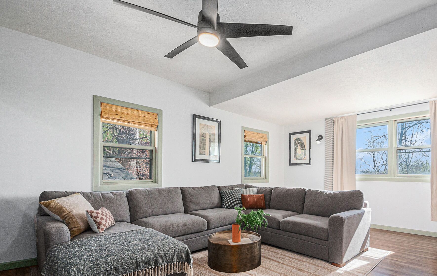 A living room with a gray sectional sofa, a round coffee table with a plant, and a ceiling fan. There are three windows with blinds, and framed pictures on the walls.